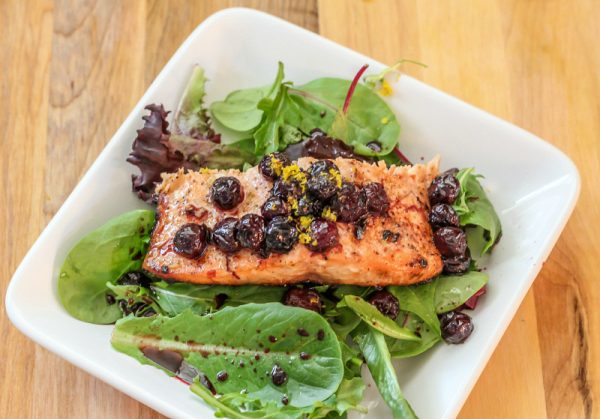 Grilled Salmon Salad with Warm Blueberry Vinaigrette -- AMFT