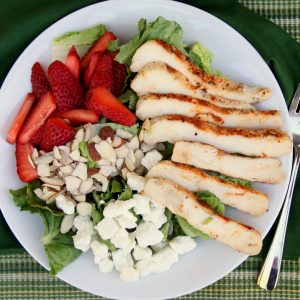 I rely on quick and easy salads like this STRAWBERRY ALMOND CHICKEN SALAD with a homemade HONEY LIME VINAIGRETTE for supper on hot summer nights.