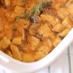 sweet potato breakfast casserole in a white dish