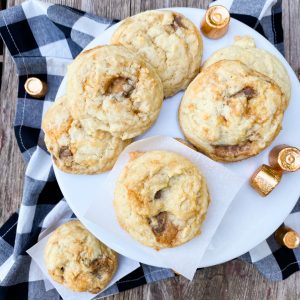 Double Caramel Sugar Cookies on white platter with black plaid napkin